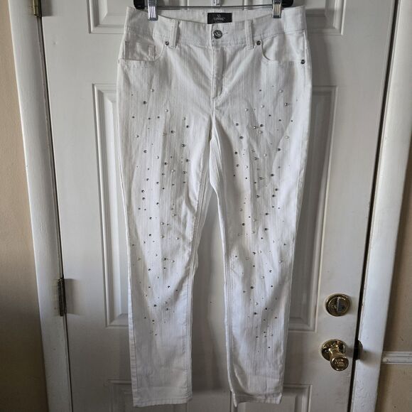 Chico’s So Slimming Ankle Jeans 0.5 US 6 White Rhinestone Pearl Embellished Stre - Picture 9 of 11